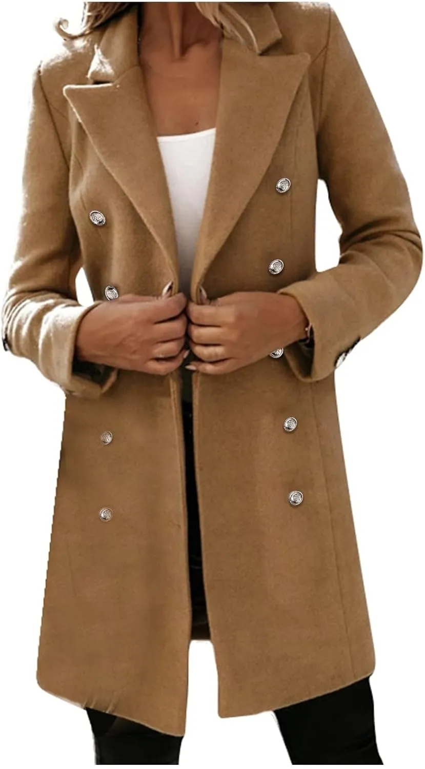 Womens Casual Coat Double Breasted Mid Long Pea Coat Notched Collar Wool Blend Overcoat