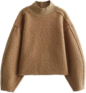 Womens Casual Fleece Sweatshirts Turtleneck Reverse Seam Pullover Fall Winter Fuzzy Wool Cropped Tops