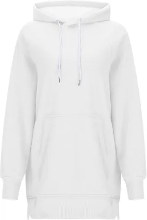 Women's Casual Long Hoodies Oversized Thick Fleece Hooded Sweatshirt Pullover Side Split High Low Hem Tops
