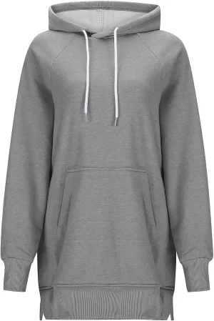 Women's Casual Long Hoodies Oversized Thick Fleece Hooded Sweatshirt Pullover Side Split High Low Hem Tops