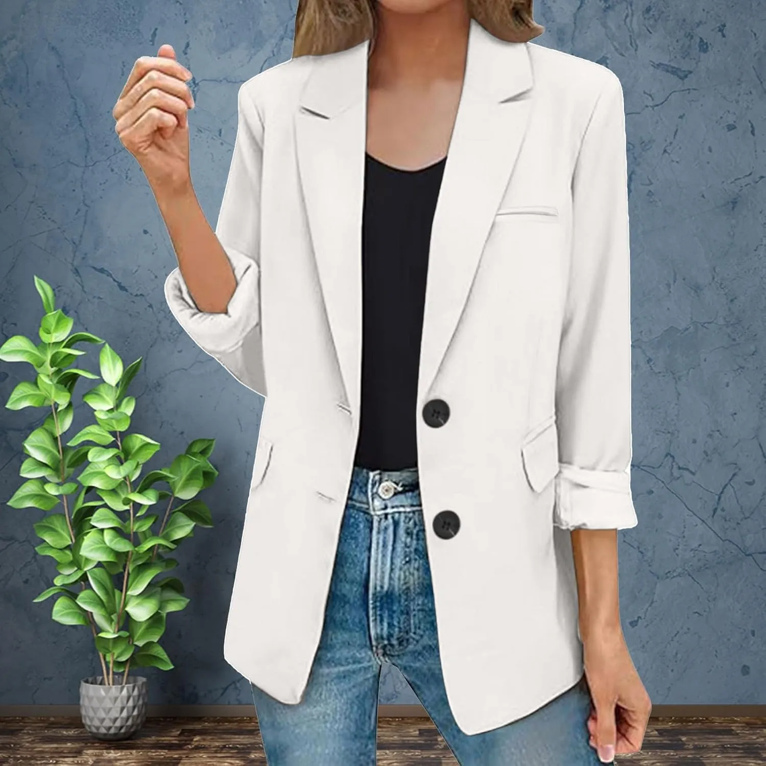 Womens Casual Long Sleeve Blazers Fall Trendy Lapel Button Jackets Casual Solid Color Open Front Work Office Jackets