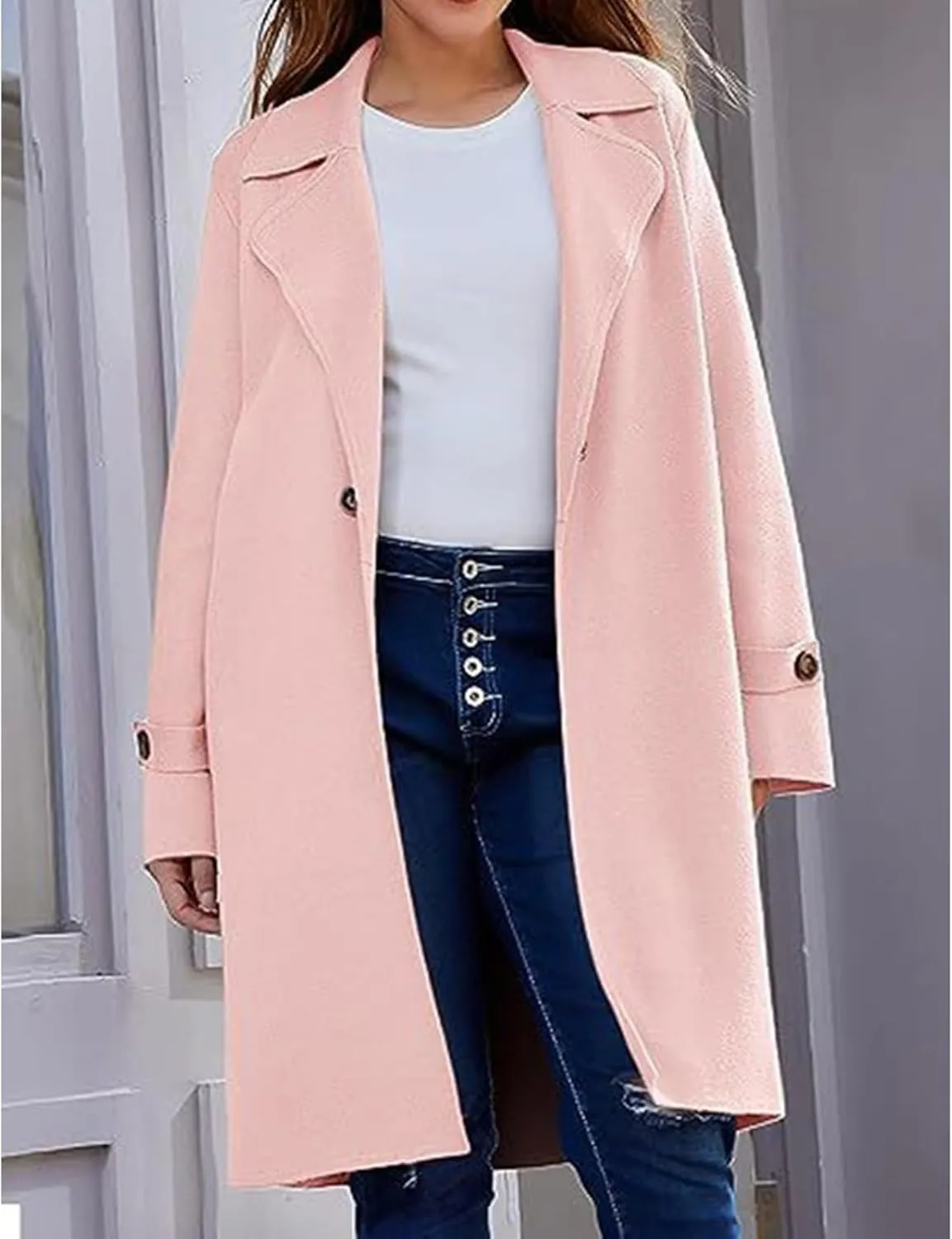 Women's Casual Notch Lapel Wool Blend Coat Single Breasted Long Winter Warm Trench Pea Coat