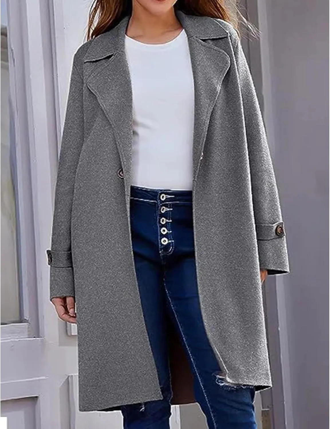 Women's Casual Notch Lapel Wool Blend Coat Single Breasted Long Winter Warm Trench Pea Coat