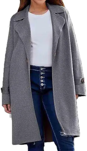 Women's Casual Notch Lapel Wool Blend Coat Single Breasted Long Winter Warm Trench Pea Coat