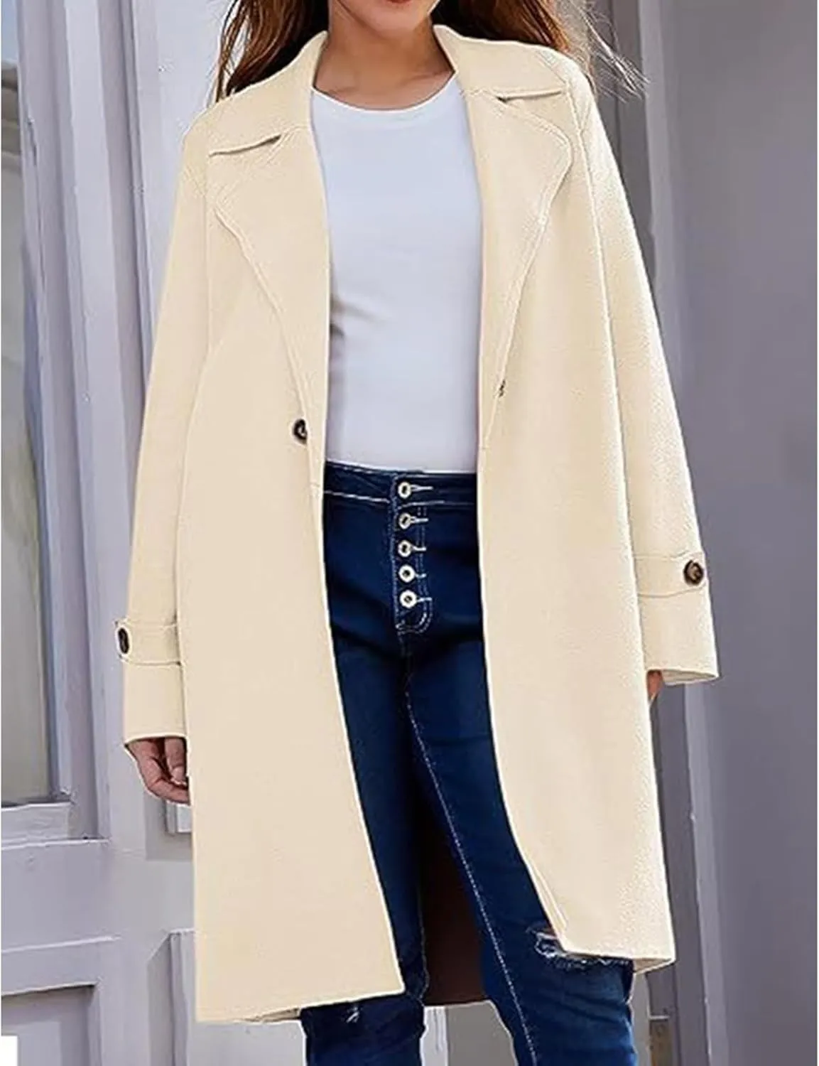 Women's Casual Notch Lapel Wool Blend Coat Single Breasted Long Winter Warm Trench Pea Coat