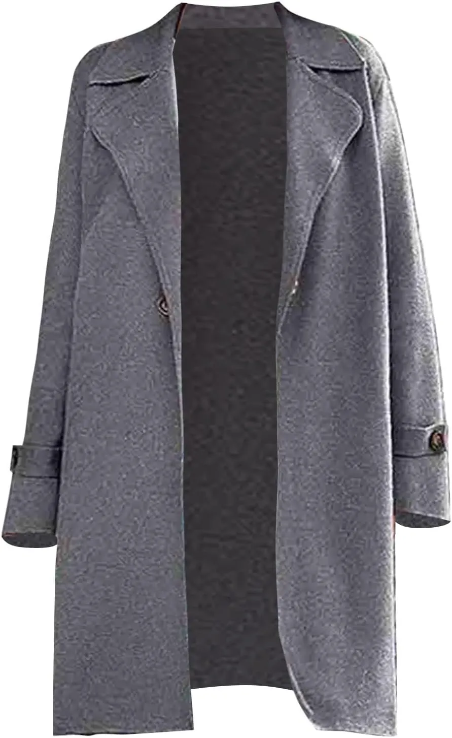 Women's Casual Notch Lapel Wool Blend Coat Single Breasted Long Winter Warm Trench Pea Coat