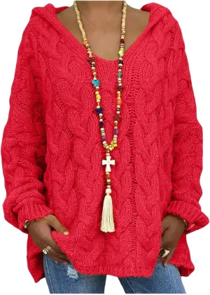 Womens Chunky Cable Knit Hooded Sweater Casual Loose V Neck Long Sleeve Pullover Hoodie Sweaters Winter Clothes 2024 Red