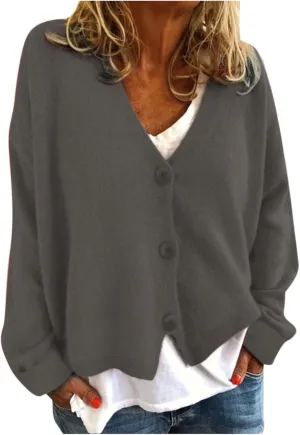 Women's Chunky Knit Open Front Sweater Long Sleeve Casual Solid Color Sweaters Coats V Neck Outerwear Button Loose Cardigan