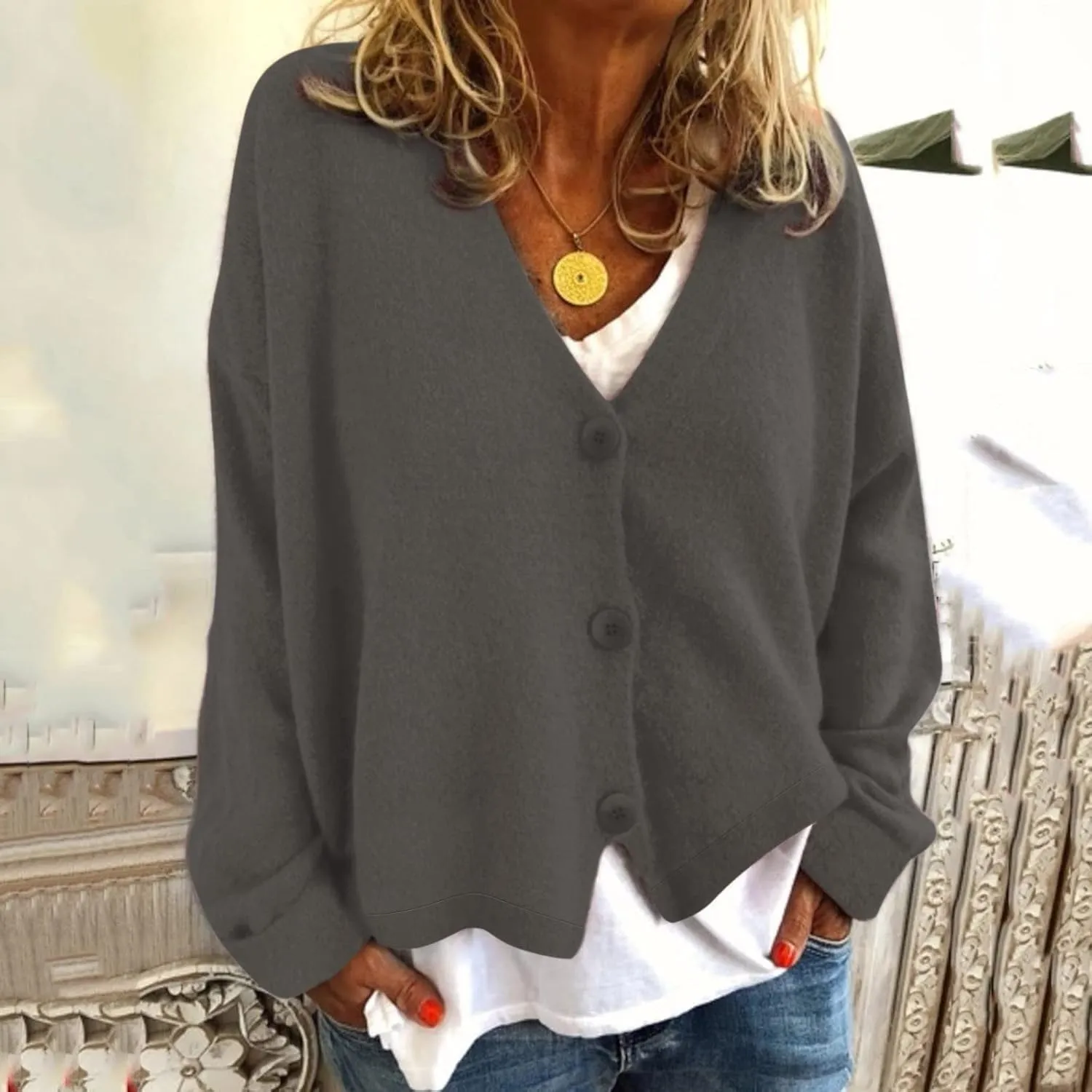 Women's Chunky Knit Open Front Sweater Long Sleeve Casual Solid Color Sweaters Coats V Neck Outerwear Button Loose Cardigan