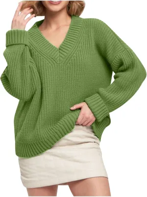 Womens Chunky Sweaters Fall 2024 Fashion V Neck Long Sleeve Knitted Sweaters Pullover Tops Soft Cozy Comfy Knitwear