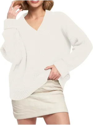 Womens Chunky Sweaters Fall 2024 Fashion V Neck Long Sleeve Knitted Sweaters Pullover Tops Soft Cozy Comfy Knitwear