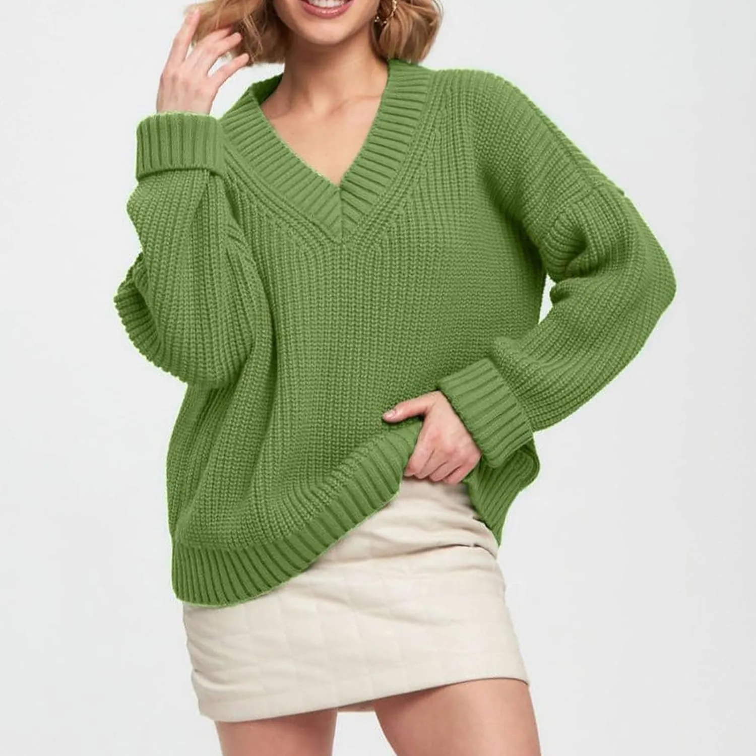 Womens Chunky Sweaters Fall 2024 Fashion V Neck Long Sleeve Knitted Sweaters Pullover Tops Soft Cozy Comfy Knitwear