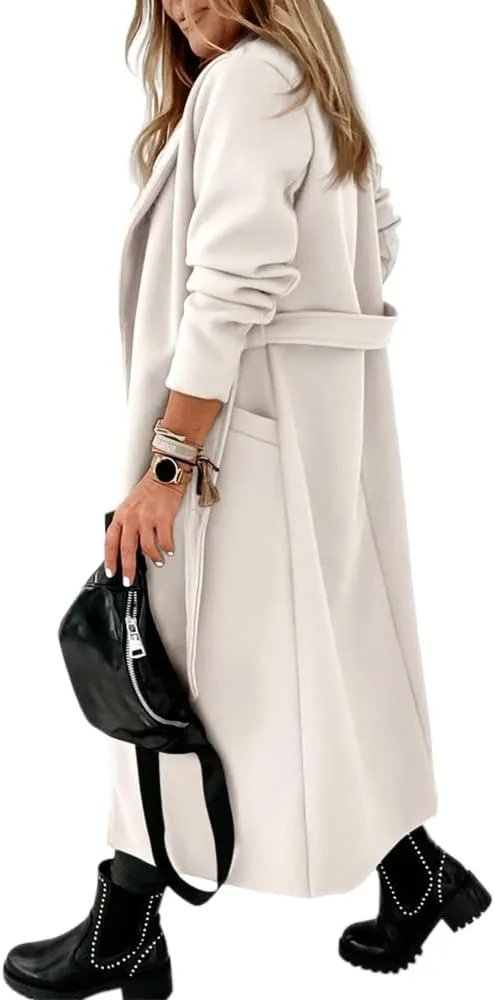 Womens Classic Coat Lapel Collar Open Front Belted Long Jacket