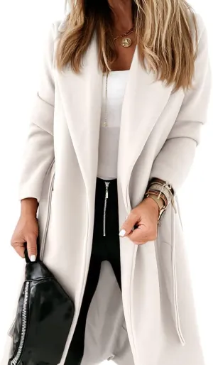 Womens Classic Coat Lapel Collar Open Front Belted Long Jacket