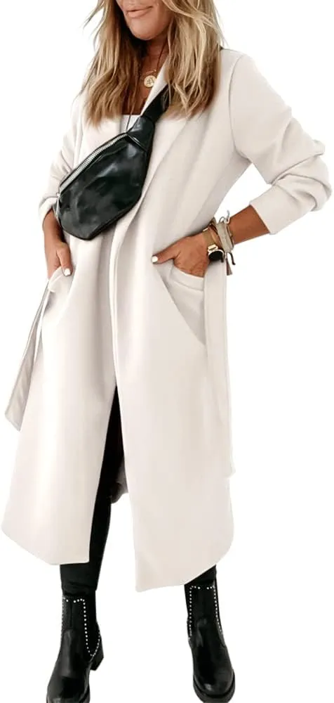 Womens Classic Coat Lapel Collar Open Front Belted Long Jacket