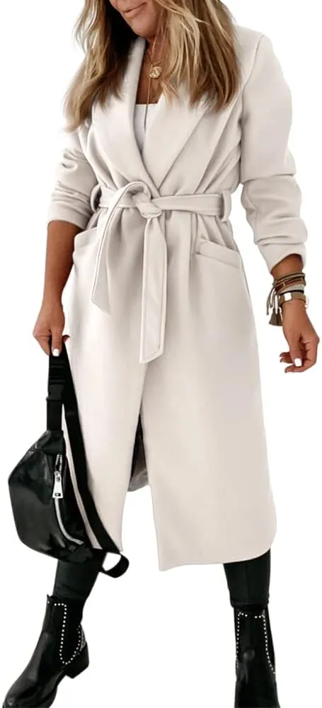 Womens Classic Coat Lapel Collar Open Front Belted Long Jacket