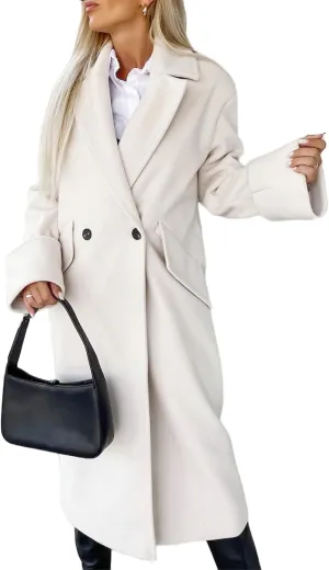 Women's Collar Work Double Breasted Maxi Long Pea Coats Oversized Double Breasted Long Trench Overcoat Winter