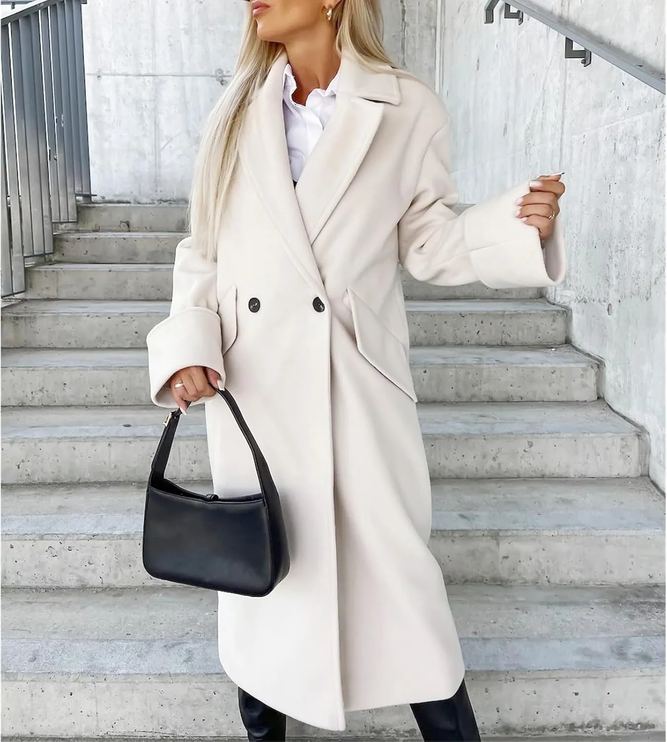 Women's Collar Work Double Breasted Maxi Long Pea Coats Oversized Double Breasted Long Trench Overcoat Winter