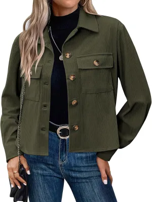 Womens Corduroy Jacket Cropped Lapel Button Down Shacket Jacket Casual Loose Long Sleeve Shirts 2024 Fashion Outwear