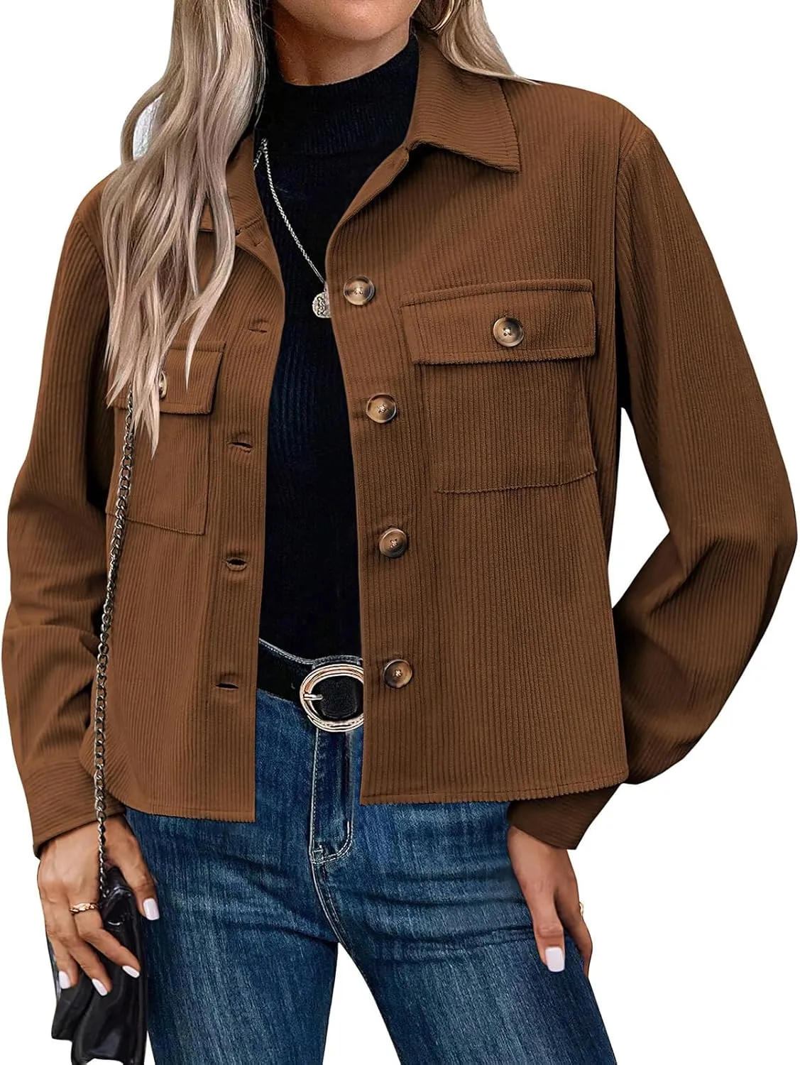 Womens Corduroy Jacket Cropped Lapel Button Down Shacket Jacket Casual Loose Long Sleeve Shirts 2024 Fashion Outwear