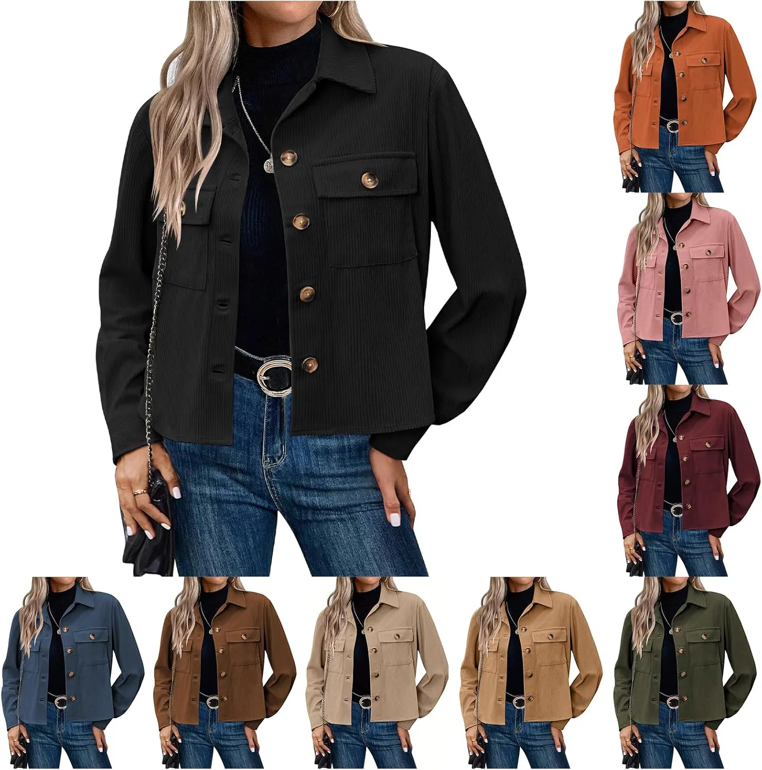 Womens Corduroy Jacket Cropped Lapel Button Down Shacket Jacket Casual Loose Long Sleeve Shirts 2024 Fashion Outwear