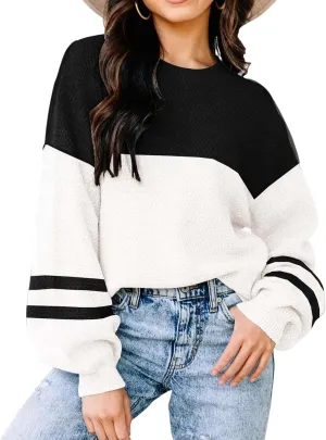 Womens Crewneck Batwing Long Sleeve Striped Sweaters Winter Warm Oversized Ribbed Knit Pullover Tops Trendy Outerwear