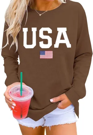 Womens Crewneck Sweatshirt Graphic American Flag Shirts Long Sleeve Oversized Pullover Patriotic Shirts Tops Tees