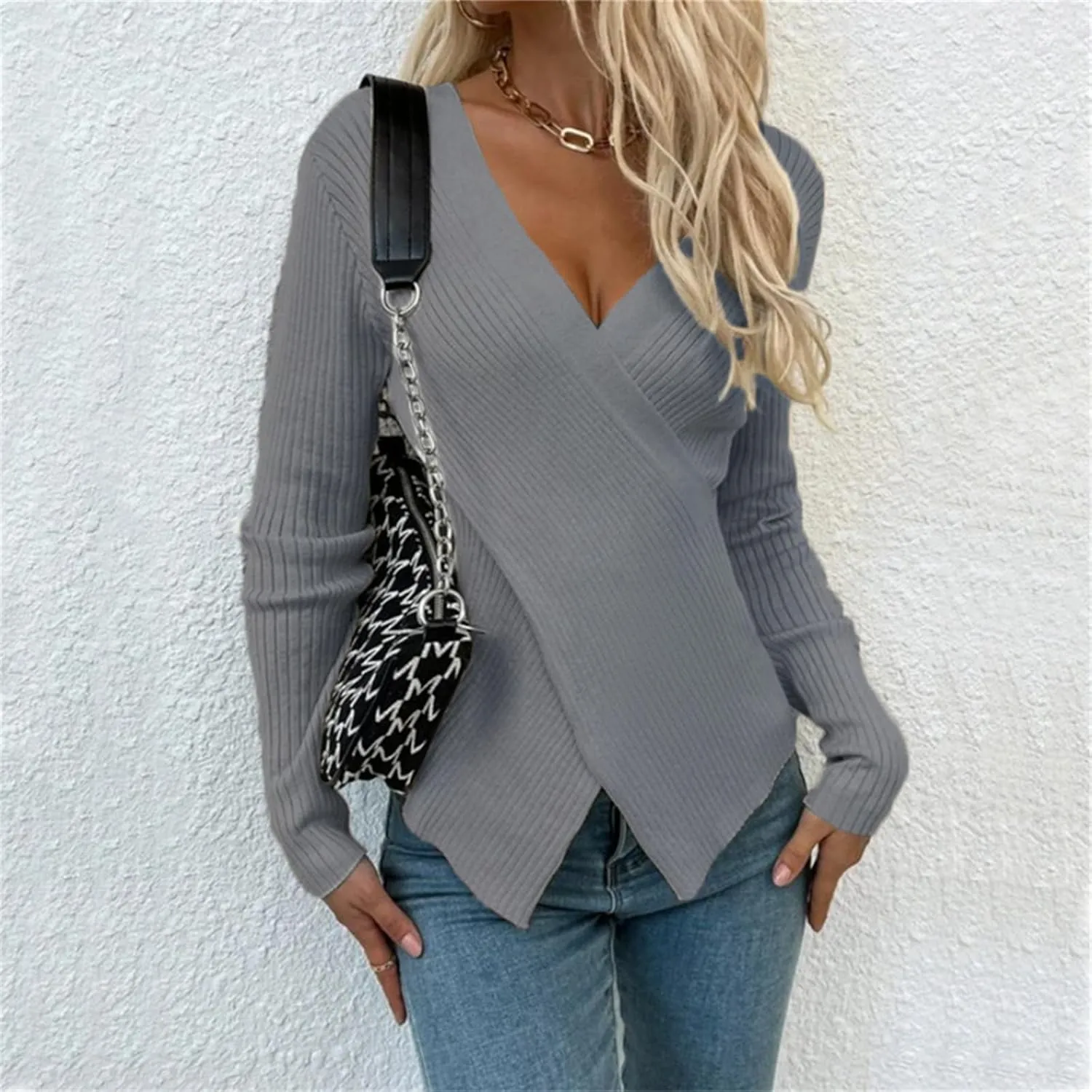 Women's Criss Cross Deep V Neck Long Sleeve Sweaters Pullover Knitted Sweater Casual Sexy Slim Slit Hem Jumper Tops