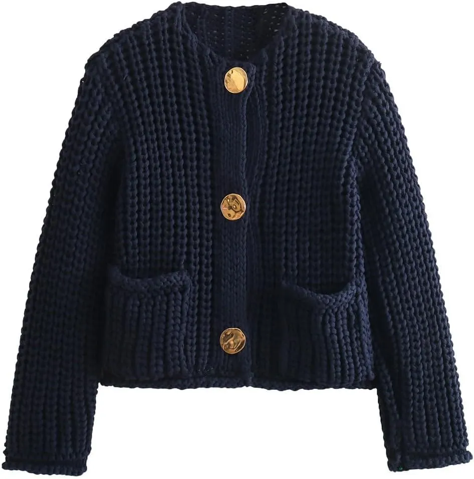 Womens Crochet Chunky Sweater Cropped Cable Knit Long Sleeve Cardigan Open Front Button Down Cardigan Sweaters