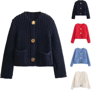 Womens Crochet Chunky Sweater Cropped Cable Knit Long Sleeve Cardigan Open Front Button Down Cardigan Sweaters