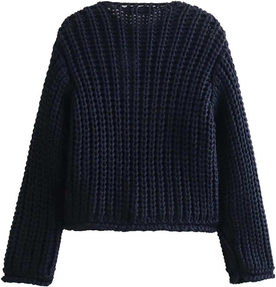 Womens Crochet Chunky Sweater Cropped Cable Knit Long Sleeve Cardigan Open Front Button Down Cardigan Sweaters