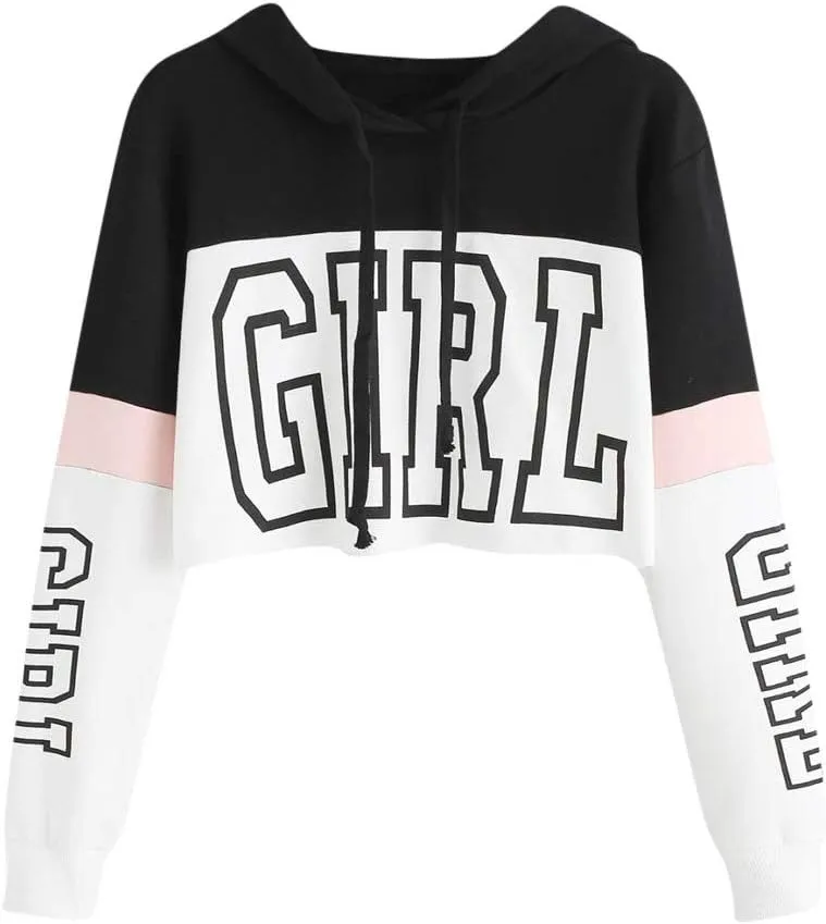 Women's Cropped Hoodies Girl Letter Print Pullover Crop Top Long Sleeves Fleece Hooded Sweatshirt Fall Outfits