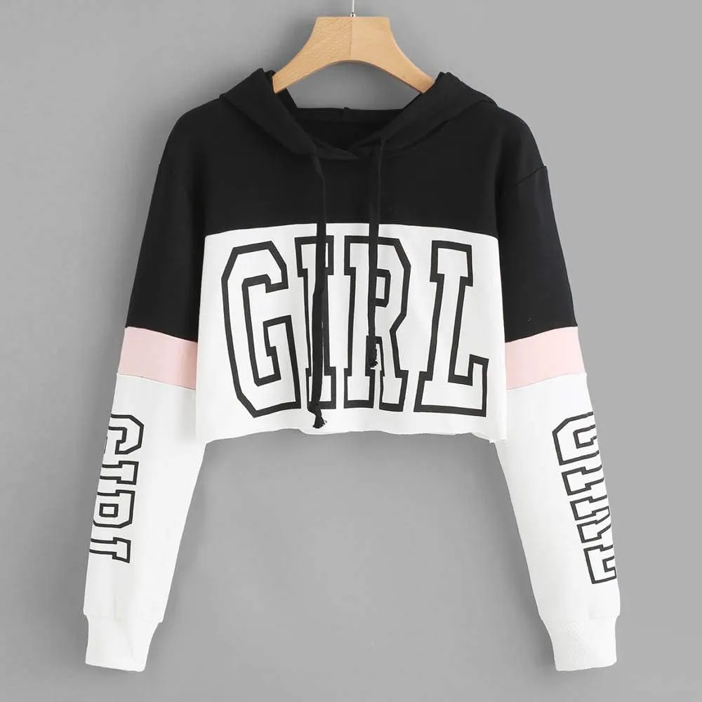 Women's Cropped Hoodies Girl Letter Print Pullover Crop Top Long Sleeves Fleece Hooded Sweatshirt Fall Outfits