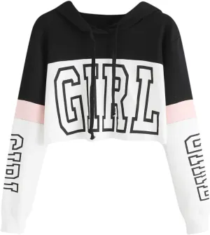 Women's Cropped Hoodies Girl Letter Print Pullover Crop Top Long Sleeves Fleece Hooded Sweatshirt Fall Outfits