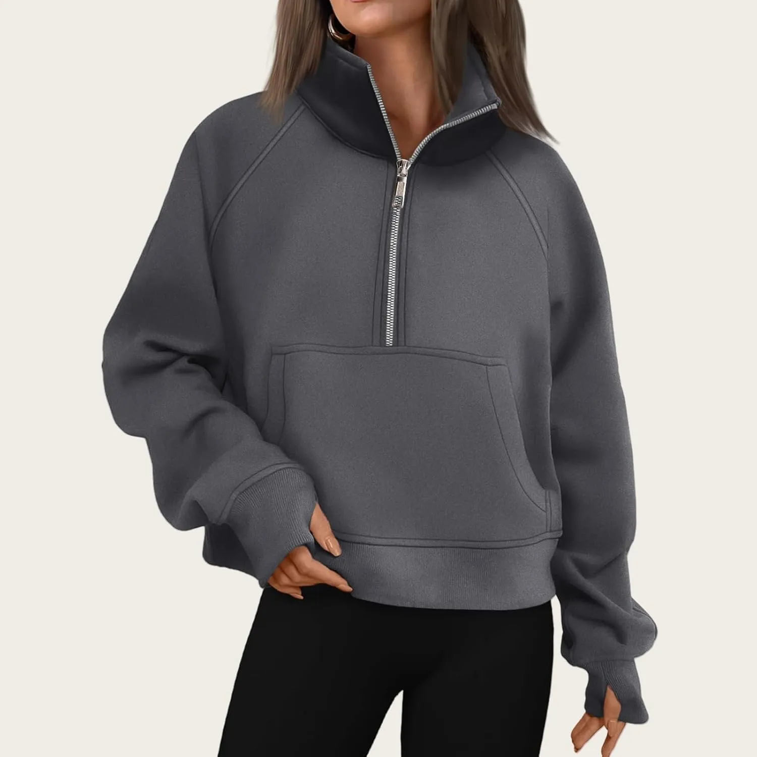 Womens Cropped Hoodies Oversized Quarter Zip Pullover Fleece Long Sleeve Fall Outfits Clothes Thumb Hole