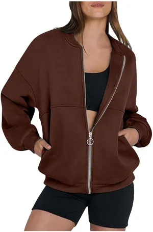 Womens Cropped Zip Up Hoodies Jackets Cardigan Sweatshirts Long Sleeve Casual Loose Fit Outwear with Pockets