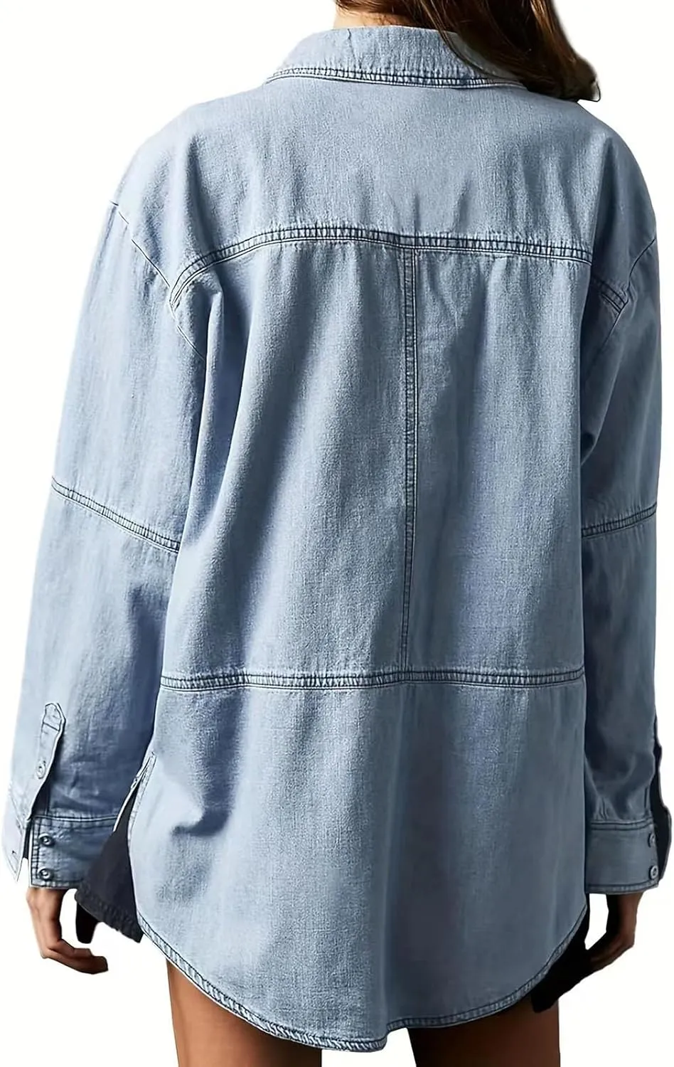 Womens Denim Jacket Lightweight V Neck Sweatshirt Jackets Casual Loose Long Sleeve Pullover Tops with Pocket
