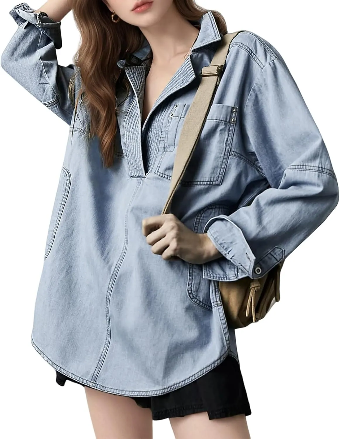 Womens Denim Jacket Lightweight V Neck Sweatshirt Jackets Casual Loose Long Sleeve Pullover Tops with Pocket