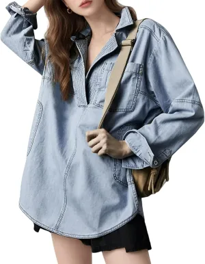 Womens Denim Jacket Lightweight V Neck Sweatshirt Jackets Casual Loose Long Sleeve Pullover Tops with Pocket