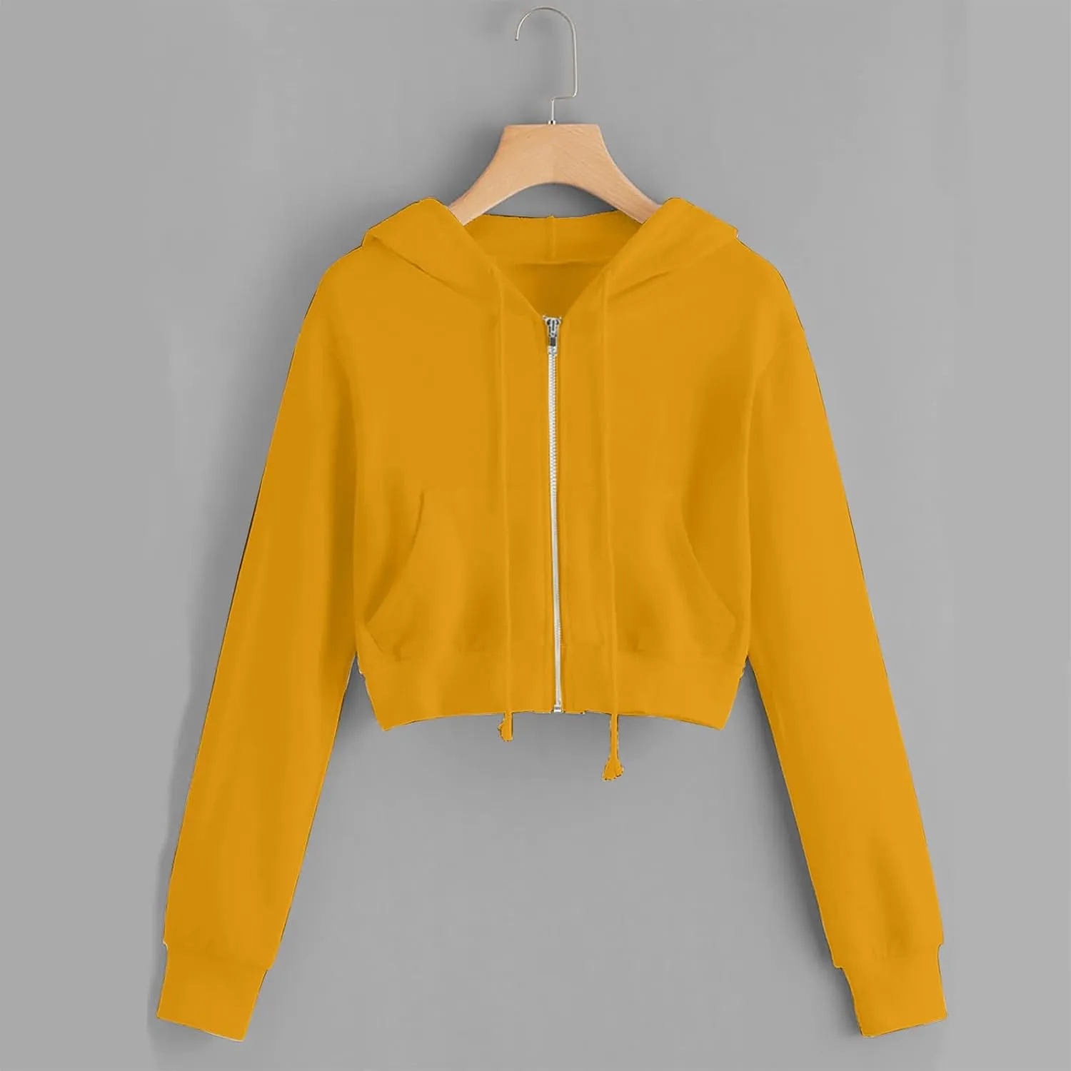 Women's Drawstring Full Zip Hoodies Fall Winter Cropped Fleece Sweatshirt Jackets Casual Long Sleeve Solid Outwear