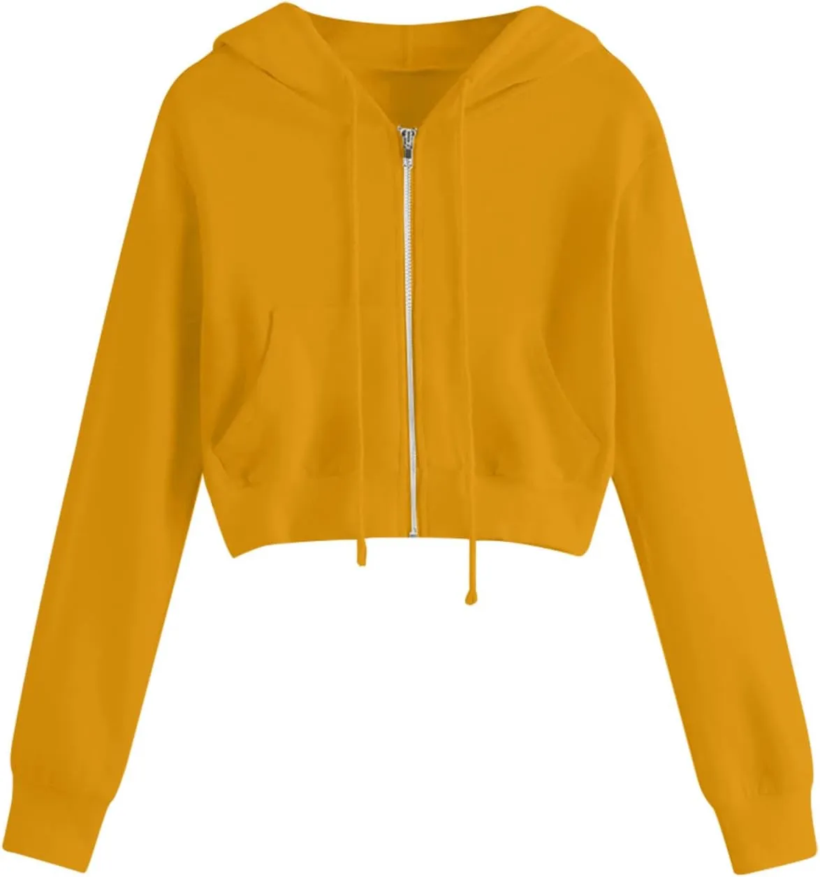 Women's Drawstring Full Zip Hoodies Fall Winter Cropped Fleece Sweatshirt Jackets Casual Long Sleeve Solid Outwear