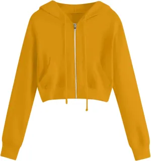 Women's Drawstring Full Zip Hoodies Fall Winter Cropped Fleece Sweatshirt Jackets Casual Long Sleeve Solid Outwear