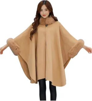 Women's Elegant Poncho Open Front Slit Sleeve Flowy Wool Blend Cape Cloak Overcoat Faux Fur Collar Pea Coat Trench Coat