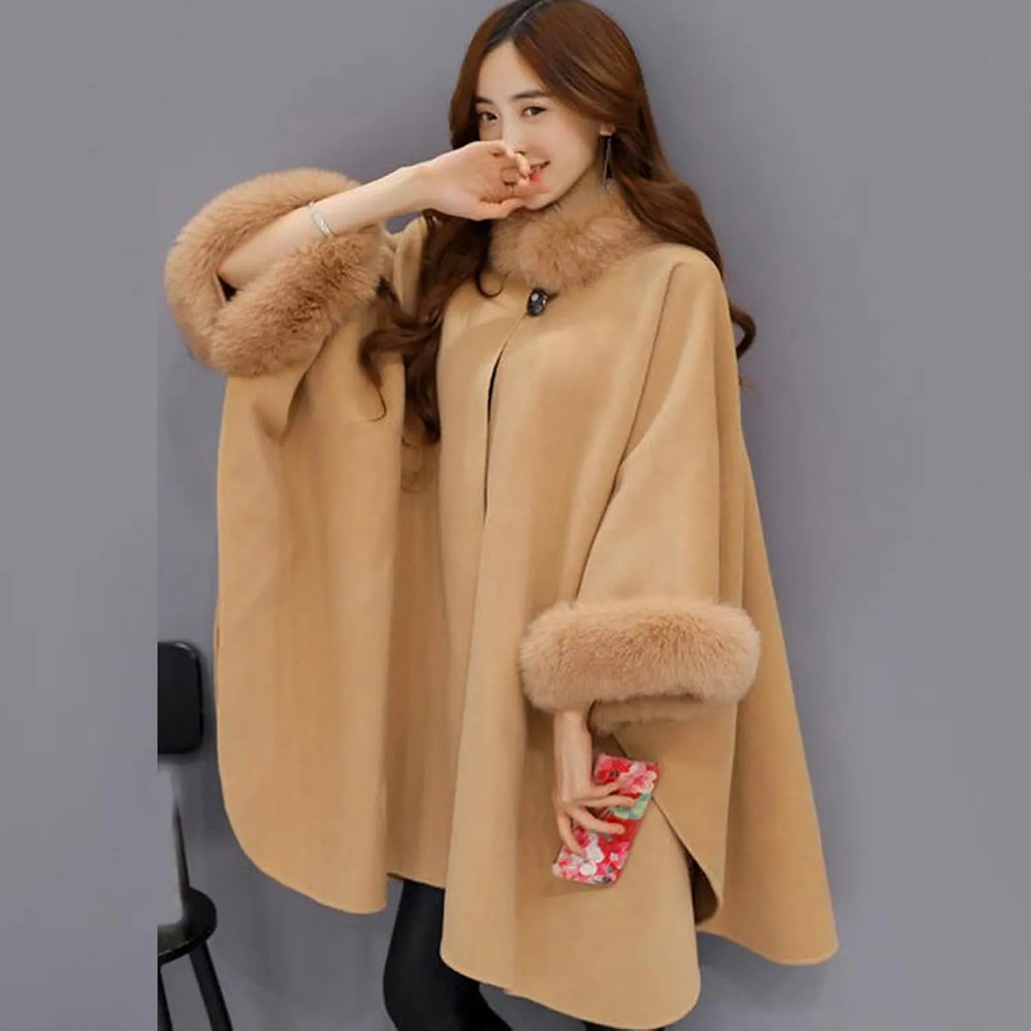 Women's Elegant Poncho Open Front Slit Sleeve Flowy Wool Blend Cape Cloak Overcoat Faux Fur Collar Pea Coat Trench Coat