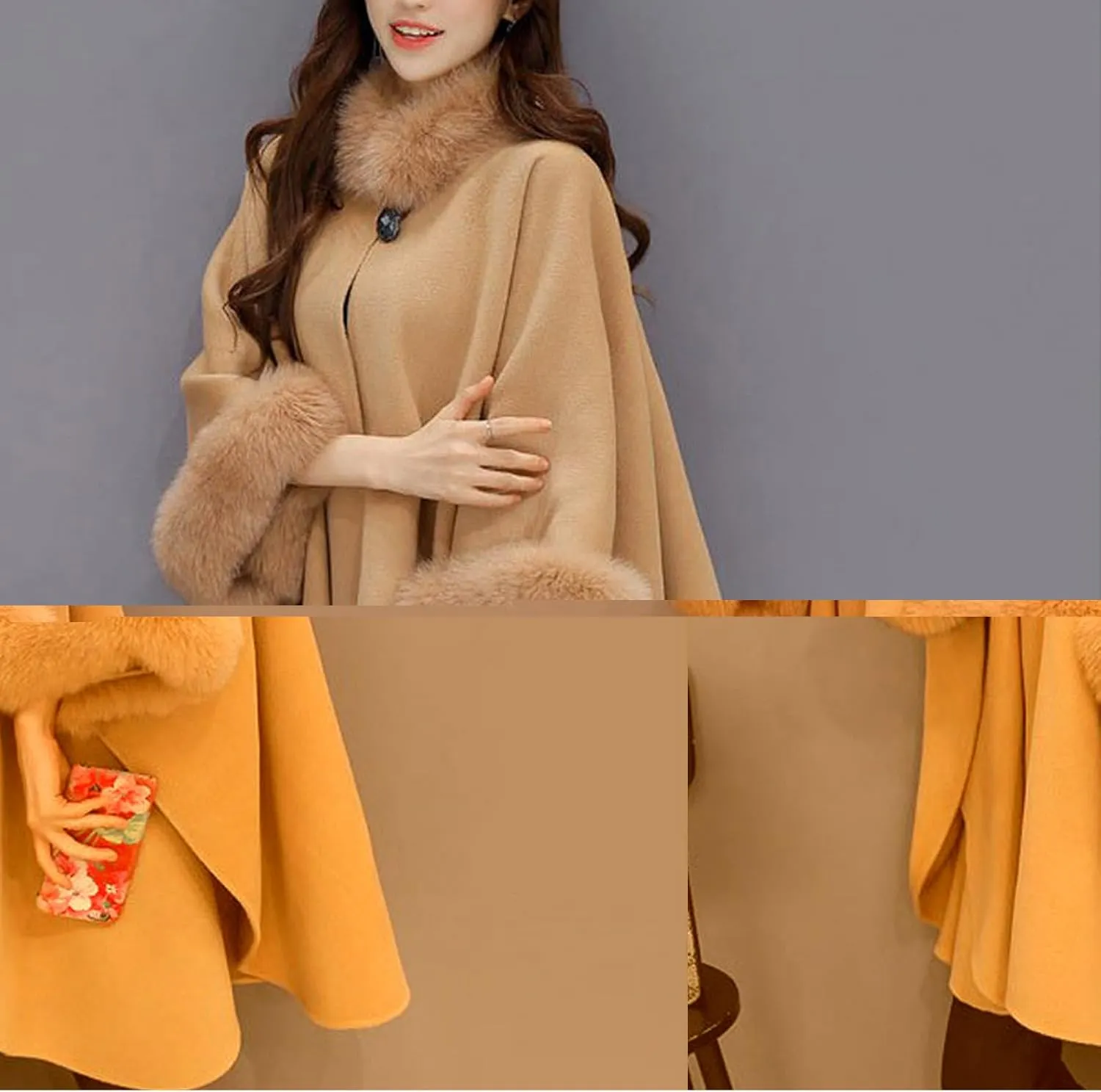 Women's Elegant Poncho Open Front Slit Sleeve Flowy Wool Blend Cape Cloak Overcoat Faux Fur Collar Pea Coat Trench Coat