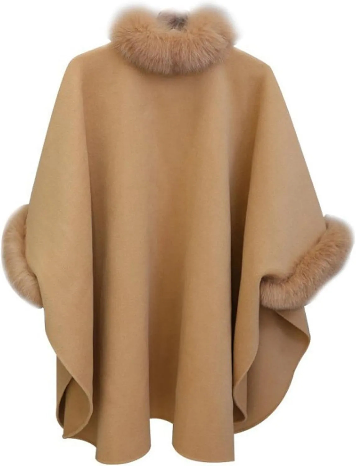 Women's Elegant Poncho Open Front Slit Sleeve Flowy Wool Blend Cape Cloak Overcoat Faux Fur Collar Pea Coat Trench Coat
