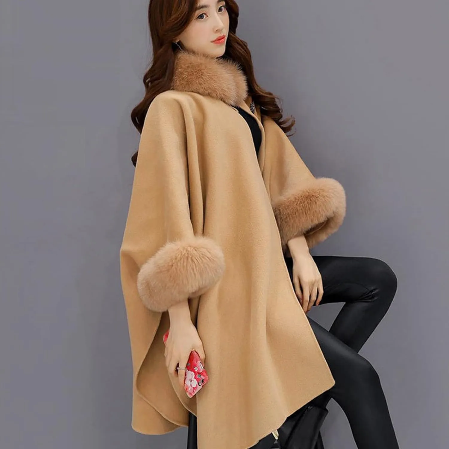 Women's Elegant Poncho Open Front Slit Sleeve Flowy Wool Blend Cape Cloak Overcoat Faux Fur Collar Pea Coat Trench Coat