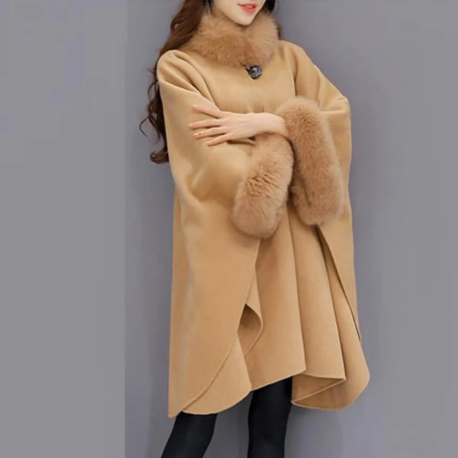 Women's Elegant Poncho Open Front Slit Sleeve Flowy Wool Blend Cape Cloak Overcoat Faux Fur Collar Pea Coat Trench Coat
