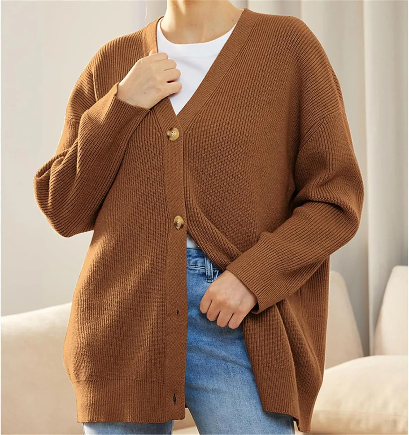 Womens Fall Cable Knit Sweaters 2024 Open Front Button Down Cardigan V Neck Loose Fit Tops