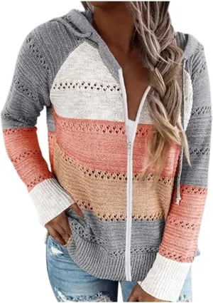 Womens Fall Fashion 2024 Hoodies Striped Color Block Sweaters Casual V Neck Waffle Knit Zipper Tops